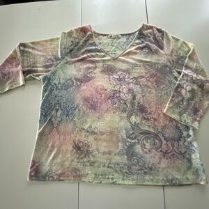 Unity World Wear Plus size Artsy Boho Floral Rhinestone Tunic 3/4 sleeves, 1X